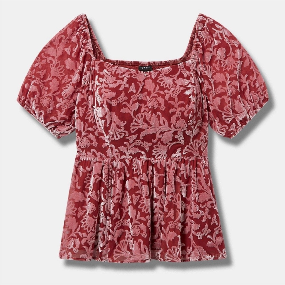 NWT Torrid 2 2X Velvet Burnout Sweetheart Babydoll Puff Sleeve Top Blouse Plus